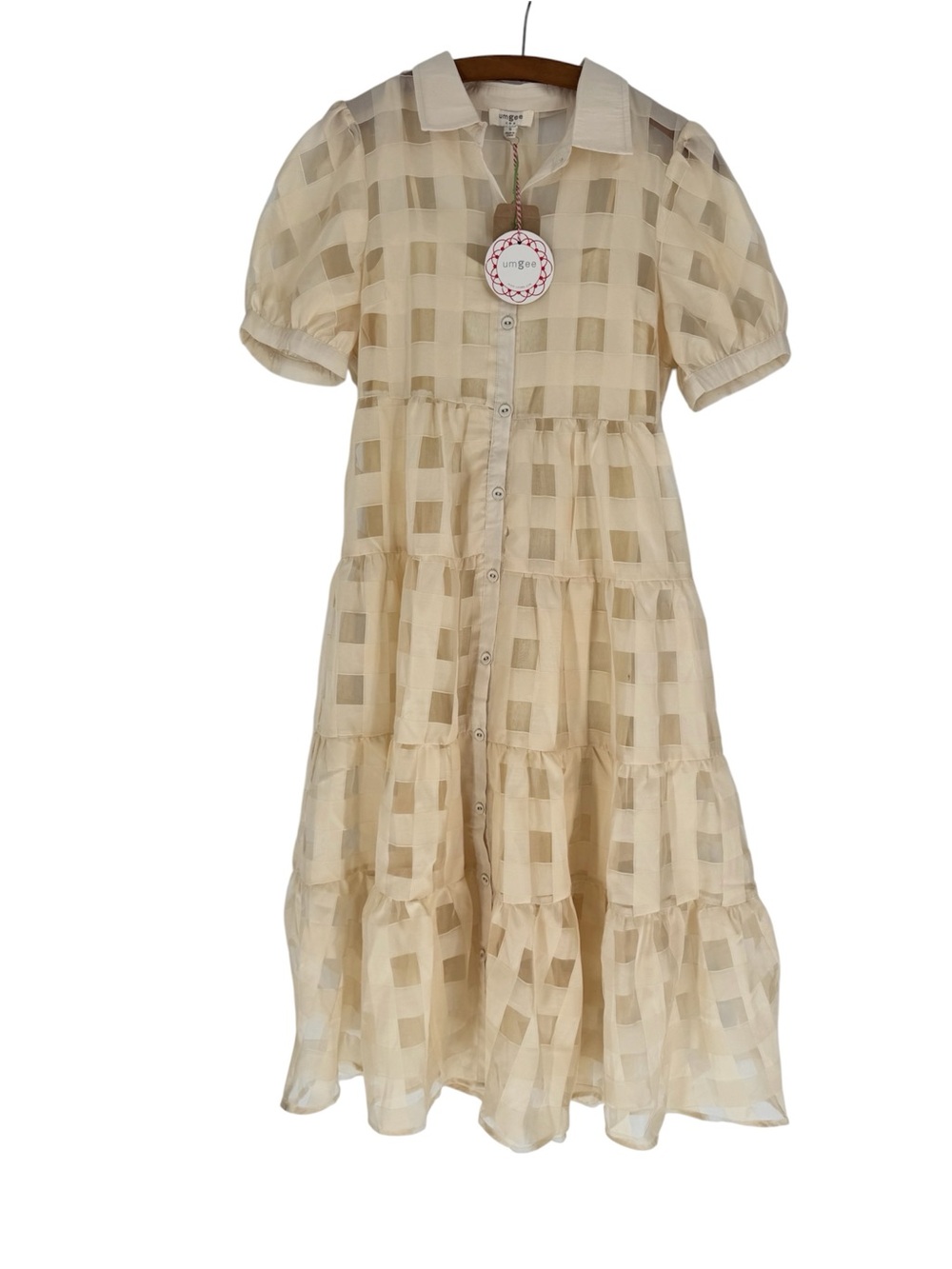NWT Umgee Cream Sheer Checkered Tiered Midi Dress Small Cottagecore Boho Puff⁠